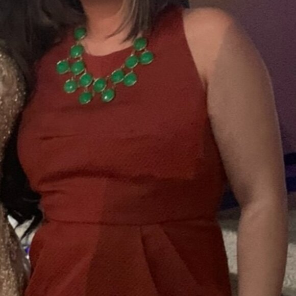 F21 Burnt Orange-Red Sleeveless Houndstooth Dress with Cross Back Detail - Picture 5 of 7